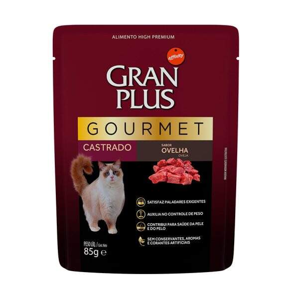 Ração Gran Plus para gatos castrados com sabor de ovelha.