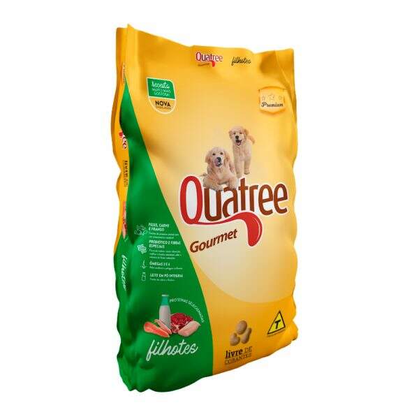 Ração Quatree Gourmet para filhotes, sabor peixe, carne e frango, 1Kg de nutrientes essenciais.