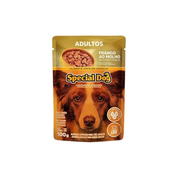 Ração para cães adultos, sabor frango, reduz odor das fezes.